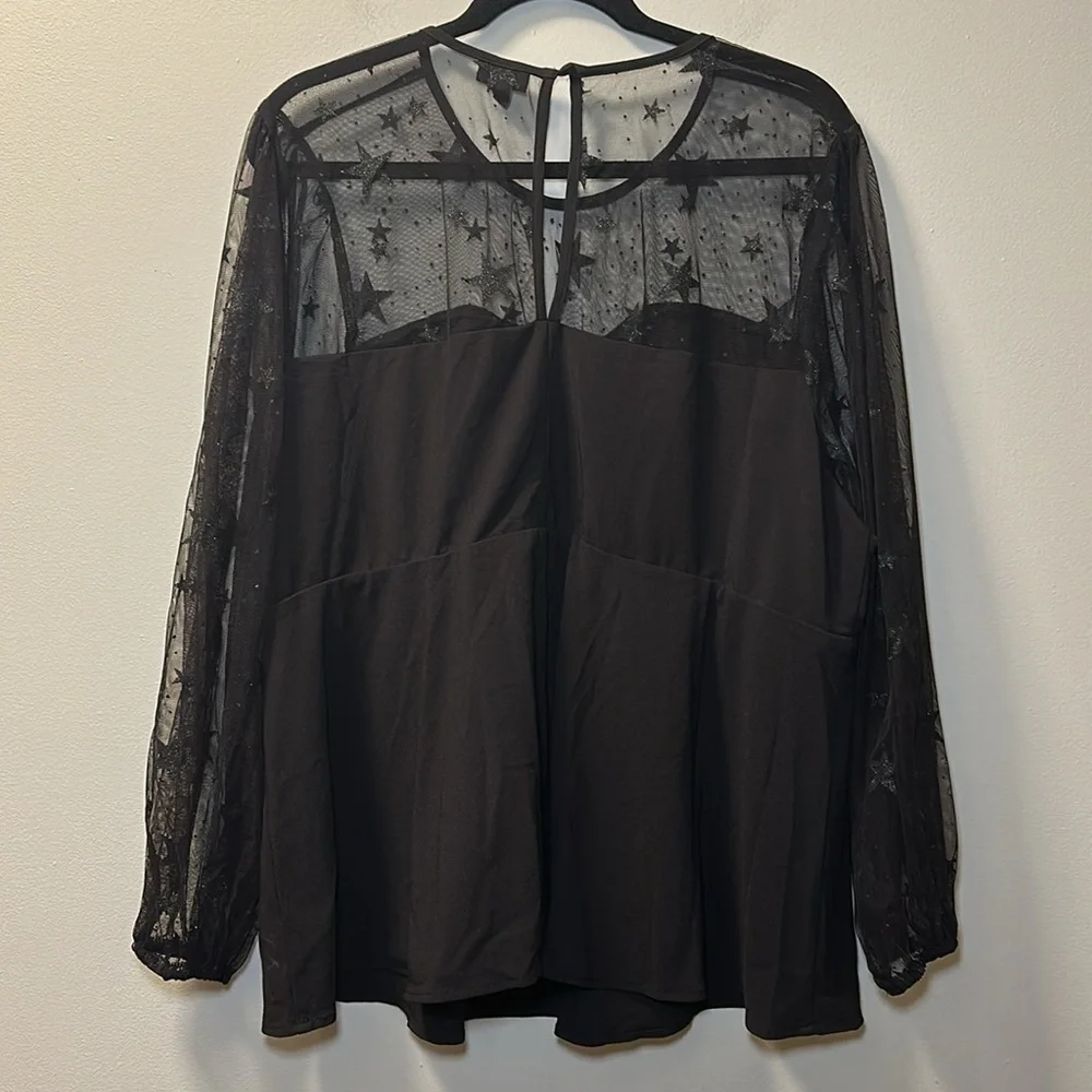 💛Torrid Women’s Black Peplum Mesh Glitter Star Sweetheart Neck Top Sz 3X NWOT